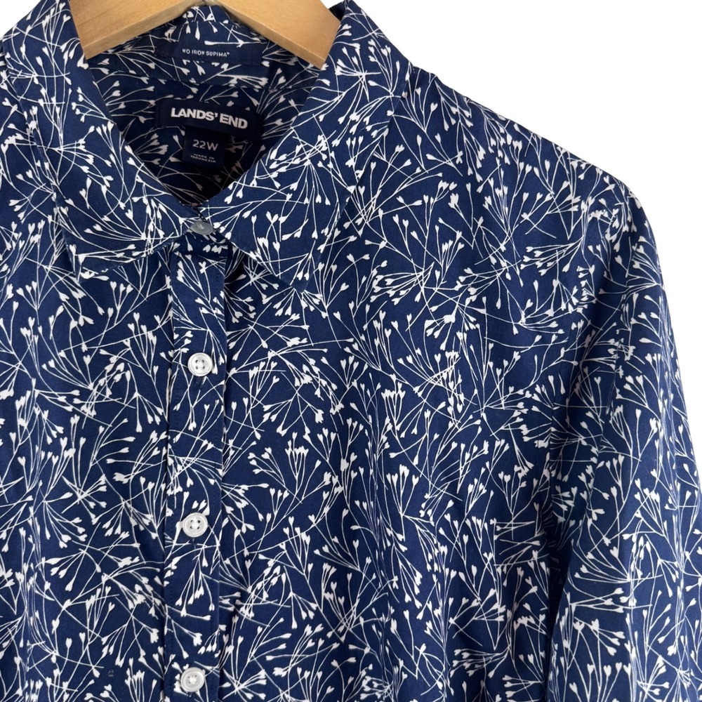 Lands' End Button Down Shirt Womens 22W Navy Blue Supima Cotton No Iron Print